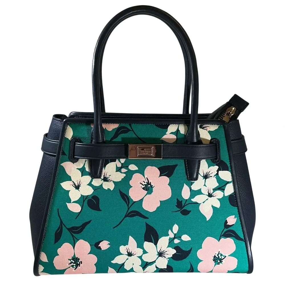 Kate Spade Lucia‎ Lily Blooms Medium Canvas Satchel Navy Leather Trim Handbag